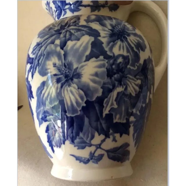 Antique C1888 Victorian, Aesthetic Transferware Water Pitcher, Althea, Blue Flowers For Sale - Image 6 of 9