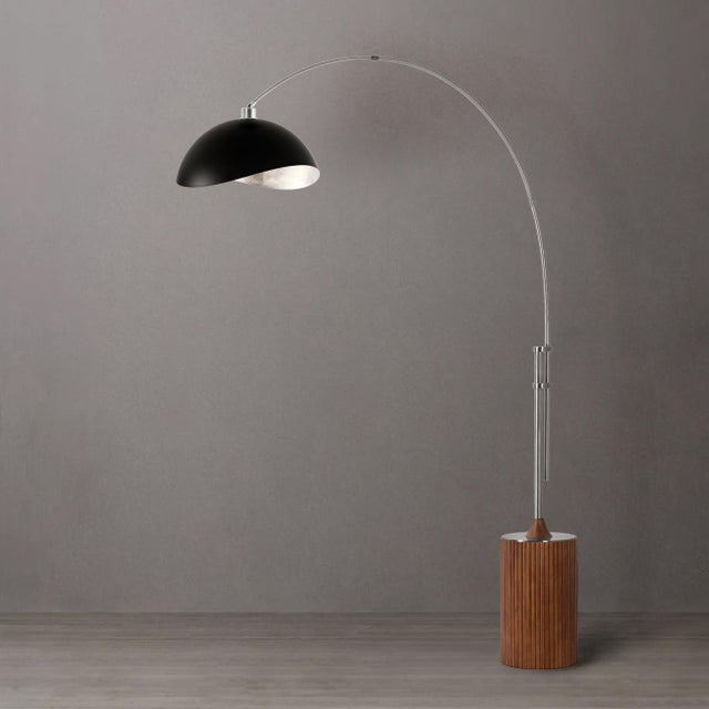Mid-Century Modern 1980s Tambo Luna 1-Light Arc Floor Lamp - 92" Mid Century Modern, Satin Nickel, Dark Walnut Base, Matte Black/Silver Shade For Sale - Image 3 of 4