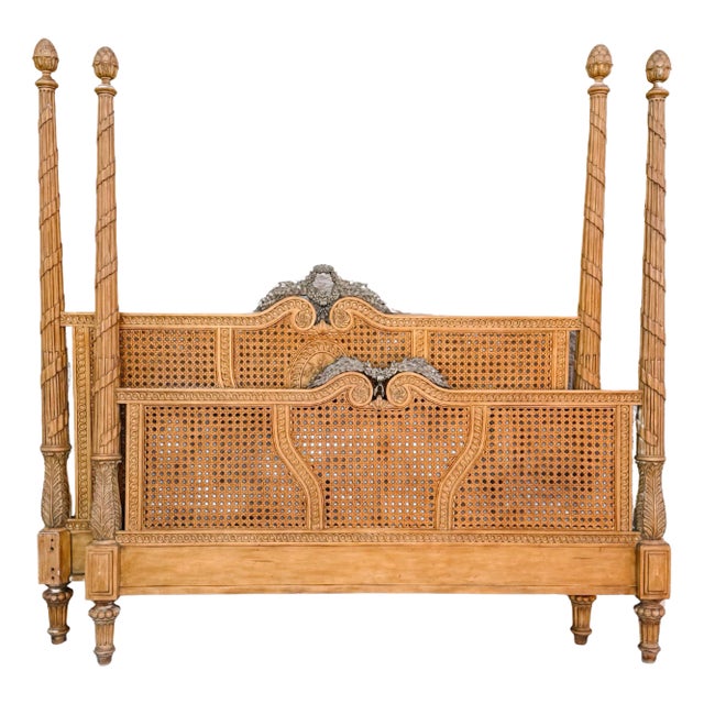 1980s Drexel Heritage King Size 4 Poster Bed Frame With Caning & Artichoke Finials - Set of 2 For Sale