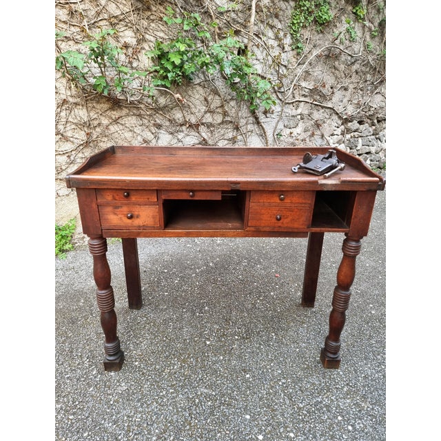 Wood French Watchmakers Workbench with Drawers and Leather Surface, 1900s For Sale - Image 7 of 18