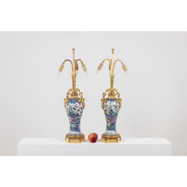 Pair of Canton porcelain lamps. Base and frame in gilded bronze. 19th century. Circa 1880. Decoration. Interiors. Old...