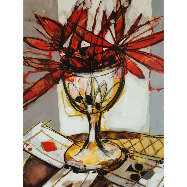 Mid-Century Modern 'Red Blooms & Cards' Vintage Swedish Expressive Original Still Life Oil Painting, Framed For Sale - Image 11 of 12