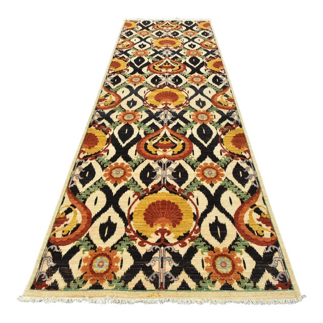 Suzani Runner 5'1'' X 14'1'' Beige Wool Modern Hand-Knotted Oriental Rug For Sale