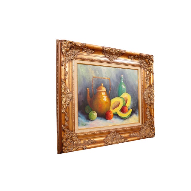 An oil on canvas still life depicting a teapot, wine bottle and fruit, signed by the artist in the bottom left corner. The...