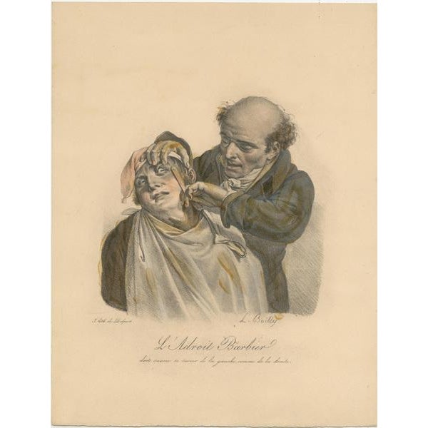 Antique print titled 'L'Adroit Barbier (\.)'. Hand Colored Lithograph of a barber. Originates from Boilly's "Recueil de...