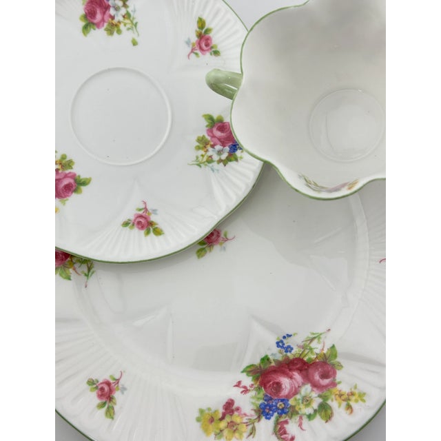 Green Shelley Hulmes Rose Trio Dainty Shape, Vintage English Bone China 3 Piece Tea Set For Sale - Image 8 of 9