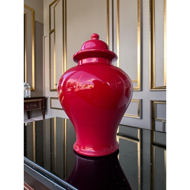 Ceramic Red Ceramic Ginger Jar • Vintage Hollywood Regency Accent • 14" Tall For Sale - Image 7 of 7