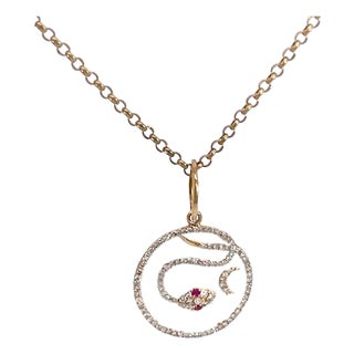 1970s Snake Pendant Diamond Ruby Crescent 14k For Sale
