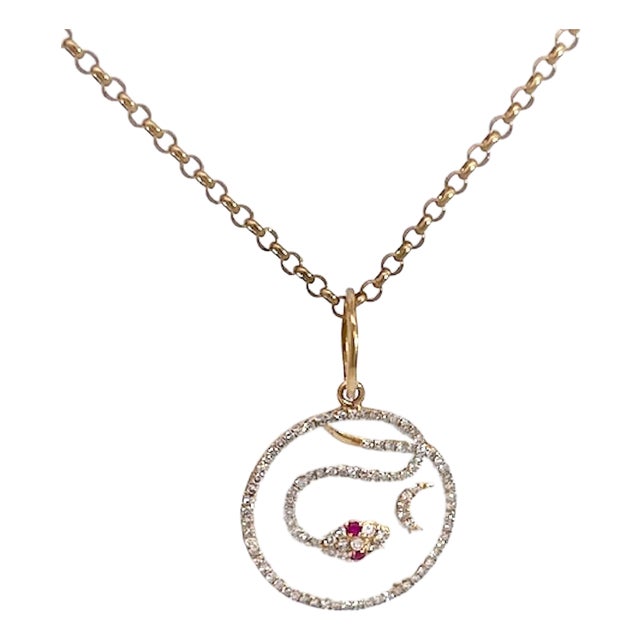 1970s Snake Pendant Diamond Ruby Crescent 14k For Sale