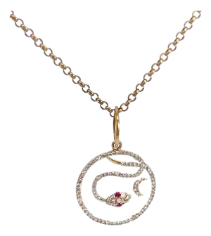 1970s Snake Pendant Diamond Ruby Crescent 14k