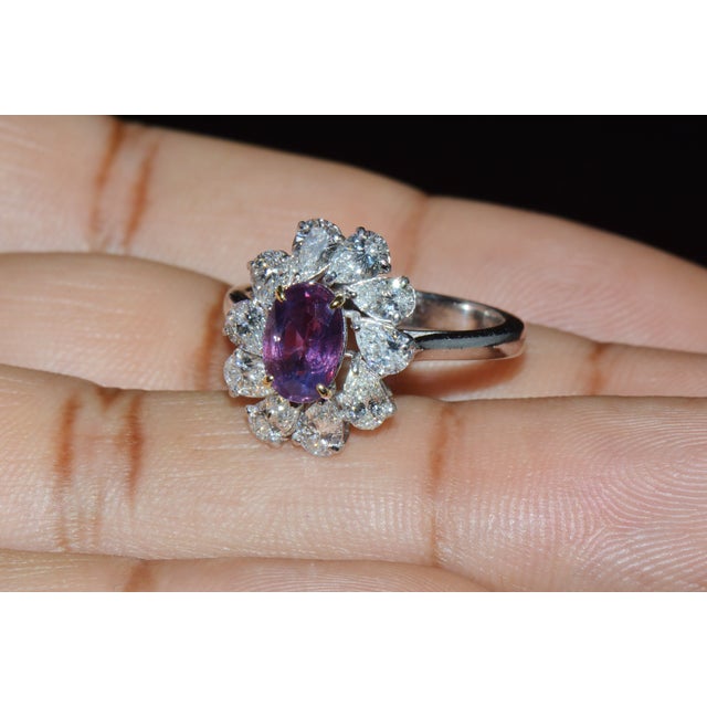 Gia Certified 3.15ct No-Heat Purple Pink Sapphire & Diamond 18k Gold Halo Ring, Size 6.5 For Sale - Image 11 of 18