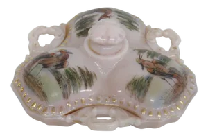 Mid 20th Century Cambridge Crown Tuscan Style Pink Glass Hand Painted Divided Candy Dish