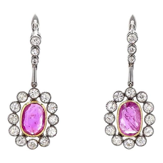 2.04 Carat Old European Cut Diamond Ruby Gold Earrings, A Pair For Sale