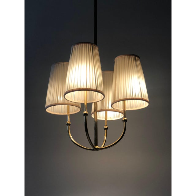 Metal 4-Arm Chandelier in Brass with Silk Shades, Austria, 1930s For Sale - Image 7 of 17
