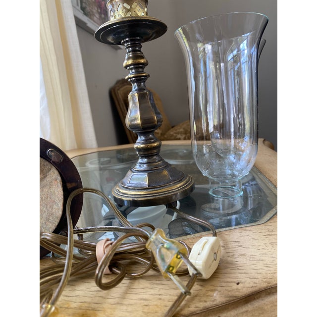 1990s Heirloom Heavy Casted Brass and Glass Hurricane Table Sconce Vintage - Pair For Sale In Naples, FL - Image 6 of 10