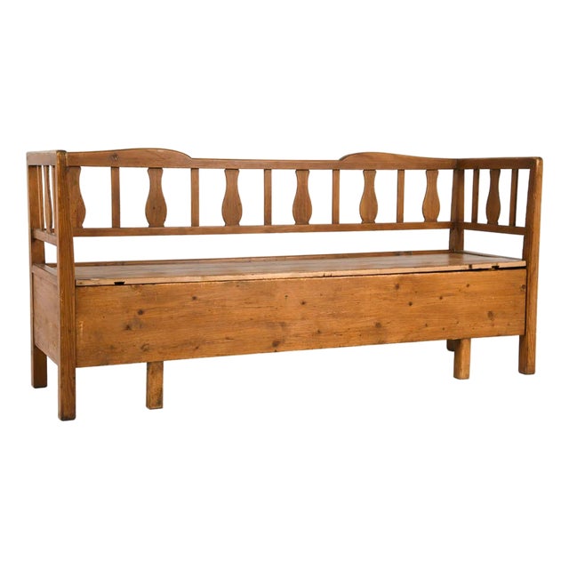 19th Century Swedish Hand-Carved Pine Settle Bench With Storage For Sale