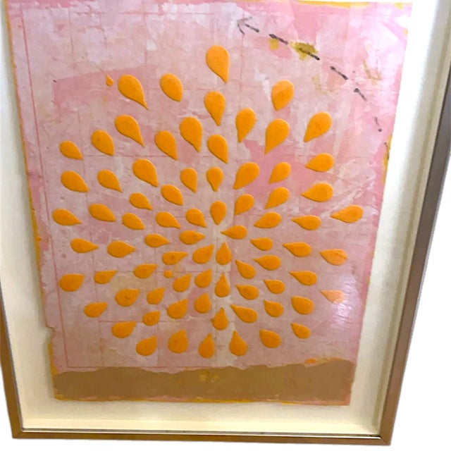 Mid 20th Century 60's Abstract Safron Op Art Acrylic on Bruised Pink Watercolor Paper Chrome Framed Glass For Sale - Image 5 of 14