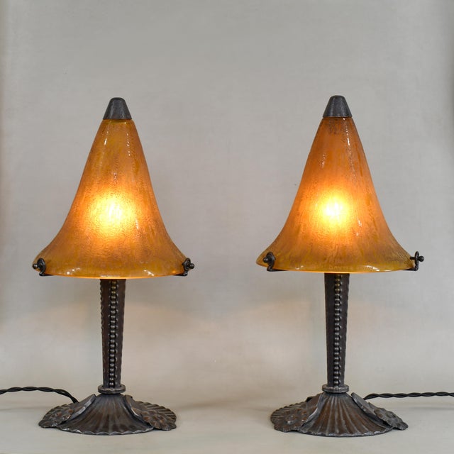 Louis Katona & Daum A wonderful very rare pair of French 1925 art deco lamps in wrought iron by Louis Katona (1850-1933)....