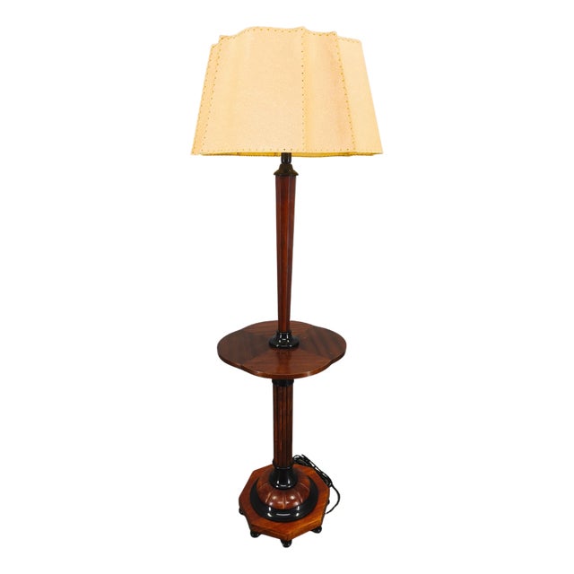 Art Deco Italian Wood and Metal Floor Lamp with Side Table, 1940s For Sale