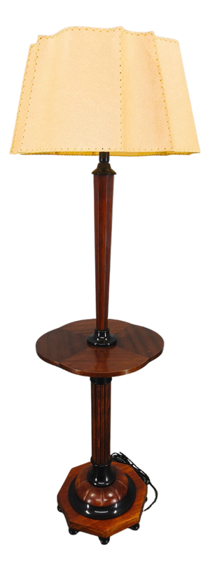 Art Deco Italian Wood and Metal Floor Lamp with Side Table, 1940s