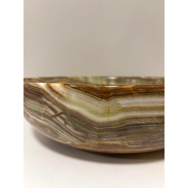 Gemstone Vintage Afghanistan Banded Calcite Bowl 14” Green & White Onyx Stone Collection MCM For Sale - Image 7 of 8