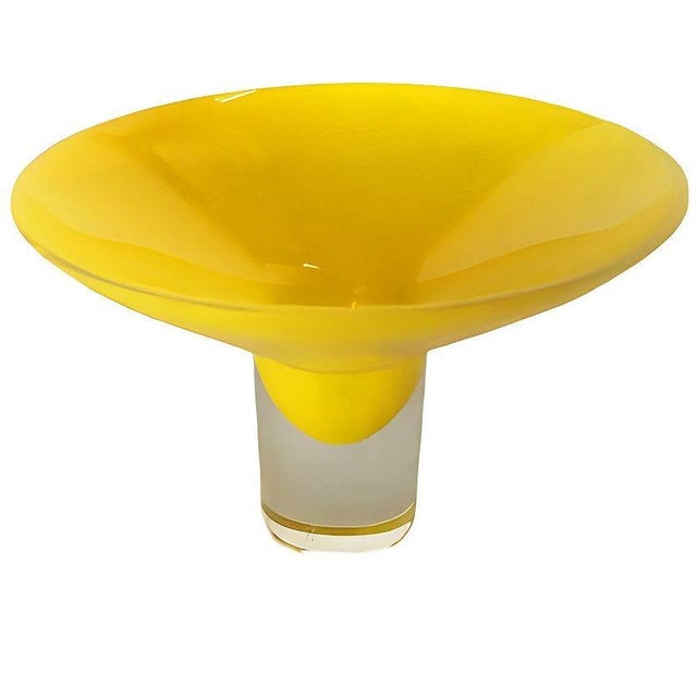 Mid-Century Modern Mid 20th Century Pair of Yellow Murano Glass Stem Dish Candlestick Holders, Pair For Sale - Image 3 of 11