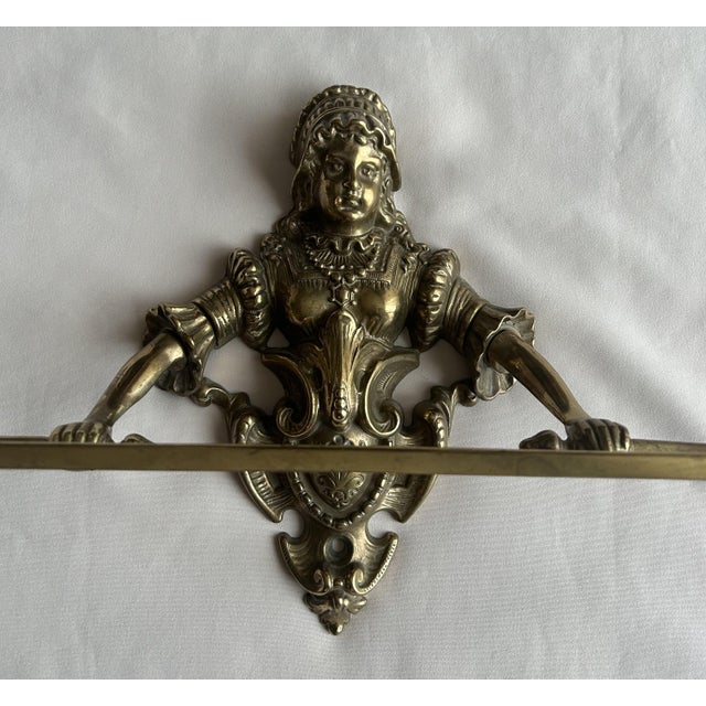 Charming Victorian cast brass figural wall mount kitchen or bathroom towel bar has very fine detailing. It is showing very...