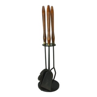 Vintage Mid Century Modern Fireplace Tool Set Wood Handles Brass Black Iron For Sale