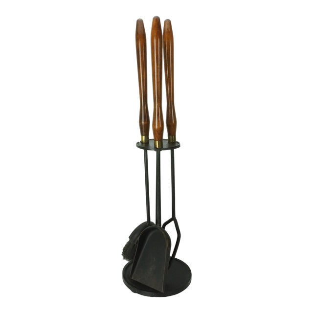 Vintage Mid Century Modern Fireplace Tool Set Wood Handles Brass Black Iron For Sale
