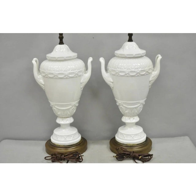 Antique Italian Neoclassical Greco Roman White Porcelain Urn Table Lamps - a Pair For Sale - Image 10 of 12