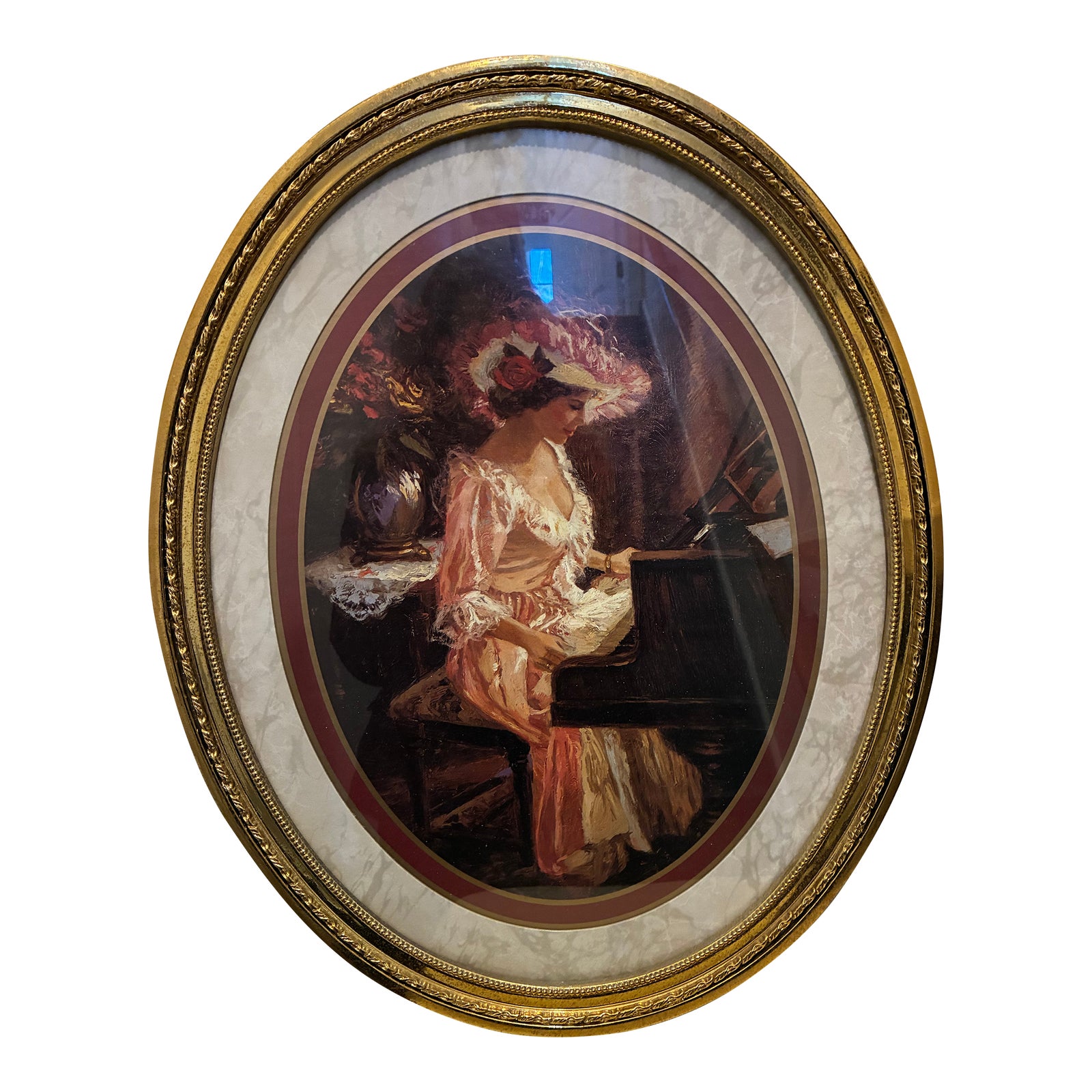 Vintage Oval Framed Victorian Woman Playing Piano | Chairish