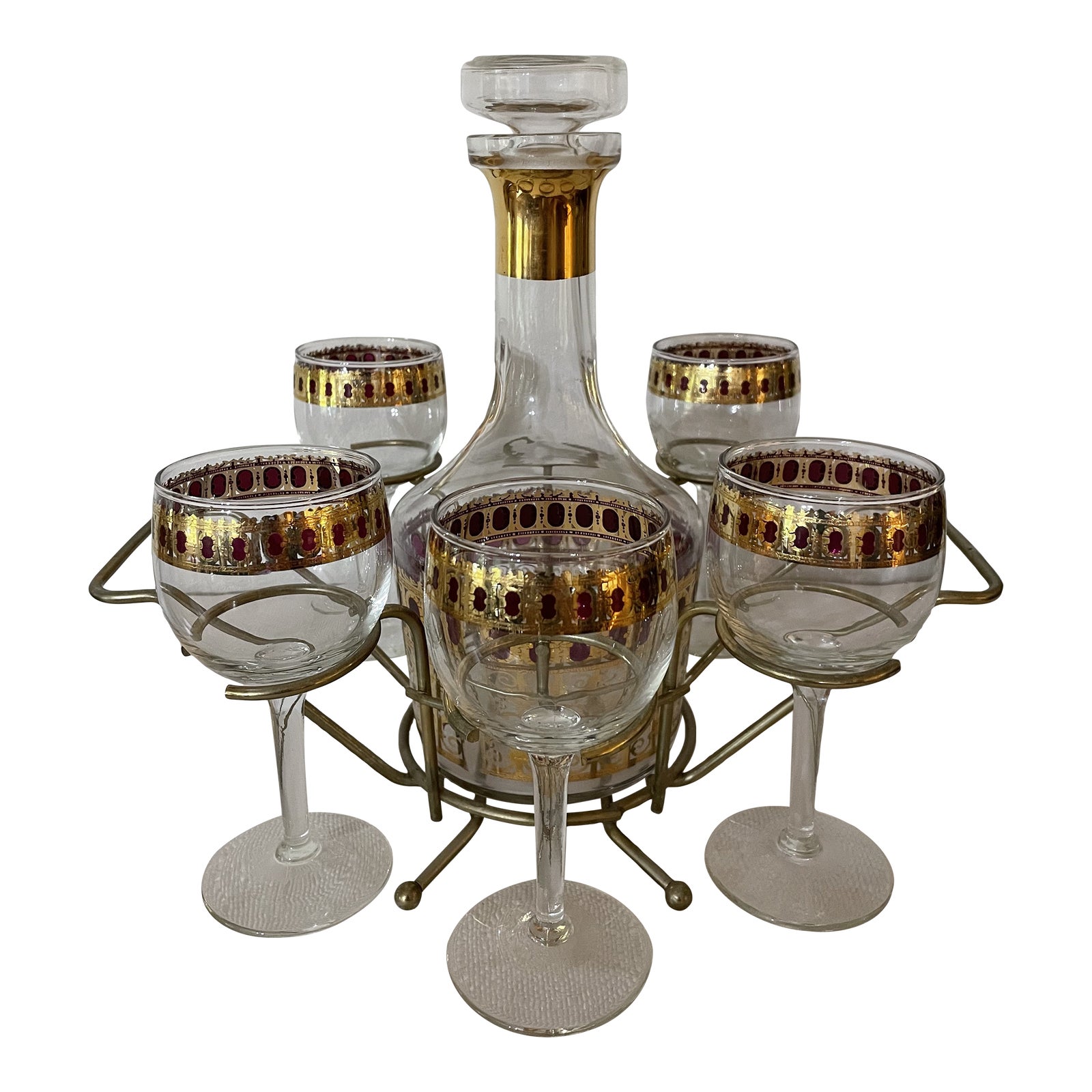 Mid Century Culver “Cranberry Scroll” Decanter and Wine Glass Set 7