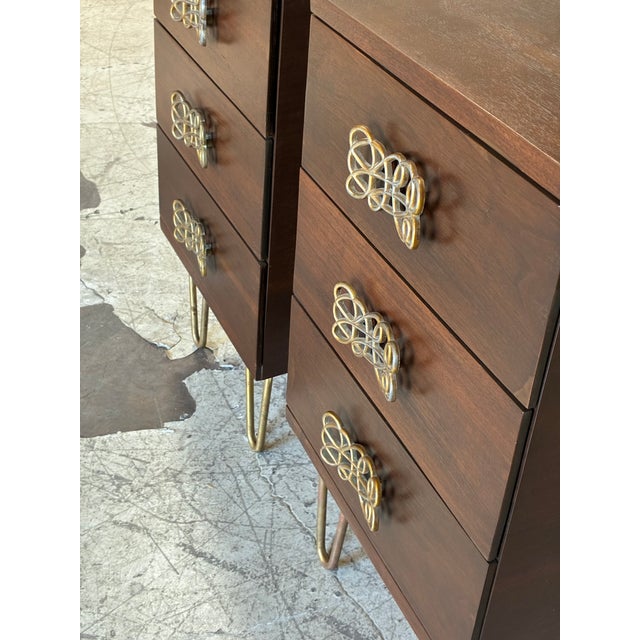 Mid-Century Modern Newly Refinished Walnut and Brass Nightstands For Sale - Image 3 of 7
