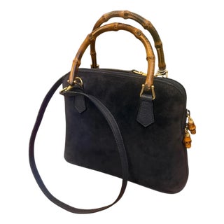 A 1990s Iconic Gucci Bamboo Navy Blue Suede Leather Hand Bag For Sale