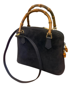 A 1990s Iconic Gucci Bamboo Navy Blue Suede Leather Hand Bag
