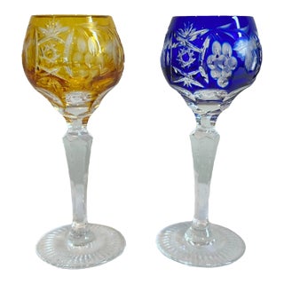 1960's Hand-Cut & Colored Lead Crystal Cordial / Liqueur Glasses German Made by Nachtmann - 1 Ea of Amber & Blue For Sale