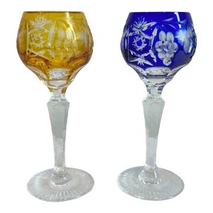 1960's Hand-Cut & Colored Lead Crystal Cordial / Liqueur Glasses German Made by Nachtmann - 1 Ea of Amber & Blue