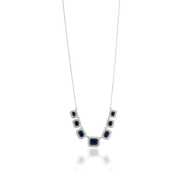 Metal 7.3ct Emerald-Cut Blue Sapphire Diamond Halo Station Necklace in 14k White Gold For Sale - Image 7 of 18