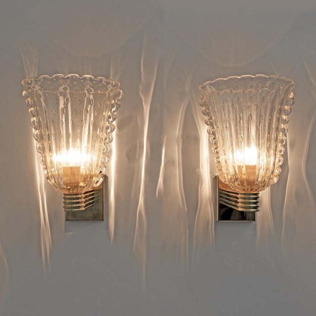 Art Deco Style Brass and Pulegoso Murano Glass Sconces by Barovier & Toso, 1990, Set of 2 For Sale - Image 3 of 8