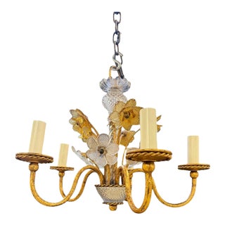 1930 French Chandelier With Murano Glass Flowers 5 Lights For Sale