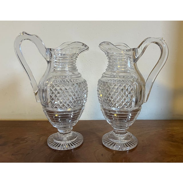 Transparent Large Antique Early 19th Century George III Anglo Irish Cut Crystal Glass Wine Ewers or Water Pitchers - A Pair For Sale - Image 8 of 16