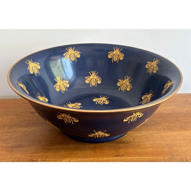 American 1990s Porcelain Gold and Navy Blue Bee Bowl For Sale - Image 3 of 6