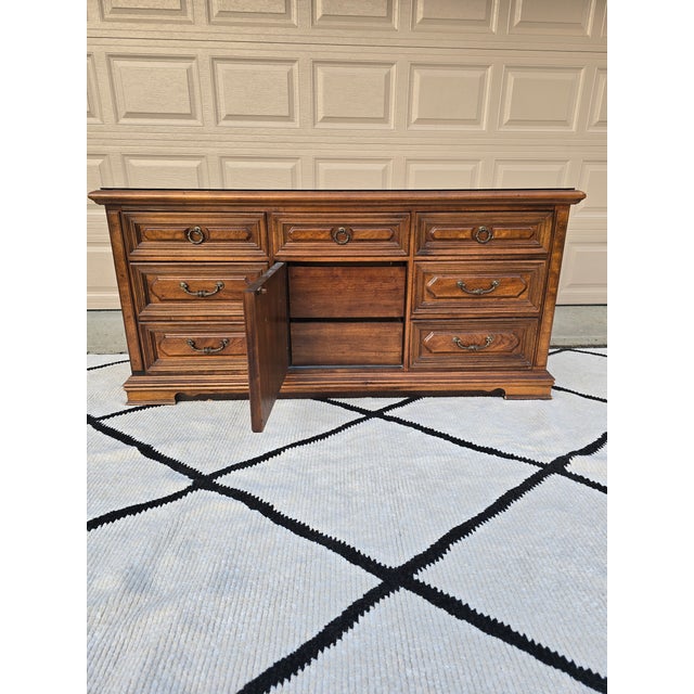 1970s Vintage Traditional Solid Wood 9-Drawer Dresser / Credenza With Glass Top For Sale - Image 5 of 13