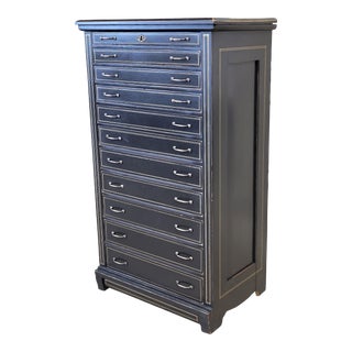 Antique Black Painted Pine 11 Drawer Lingerie Chest With Gold French Lines For Sale