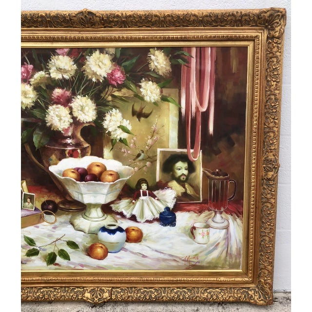 P. Mozah 20th Century Oil Painting, Still Life, Spring Flowers, Ornate Gold Frame For Sale - Image 4 of 15