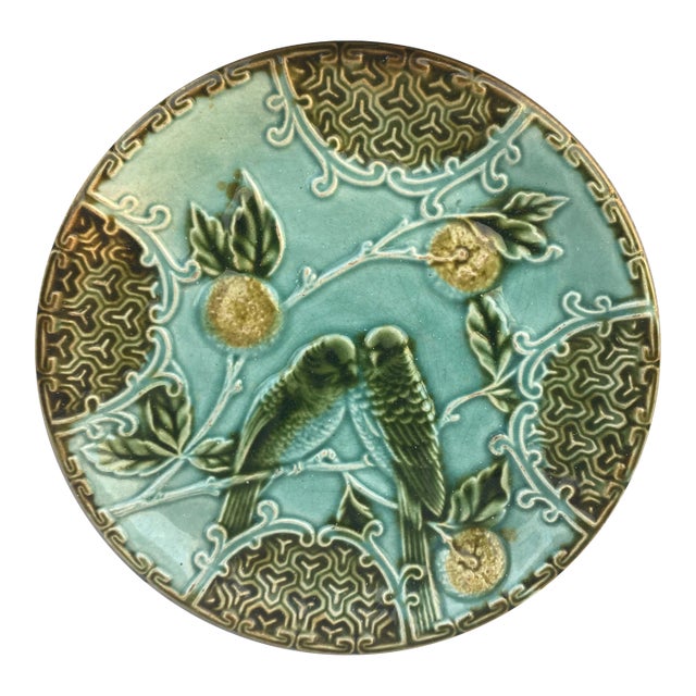 Majolica Parakeets Plate Salins, Circa 1890 For Sale