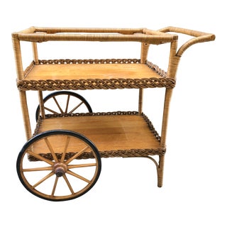 Antique Withrow Oriole Rattan Wheeled Serving Bar Cart For Sale