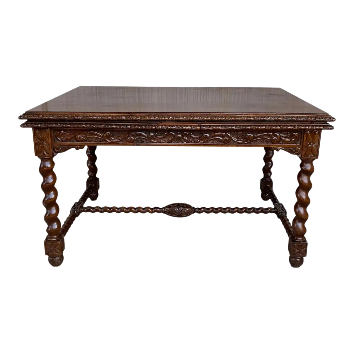 19th Spanish Baroque Walnut Solomonic Legs Extendable Table With Carved ...