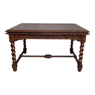 19th Spanish Baroque Walnut Solomonic Legs Extendable Table With Carved Frame For Sale