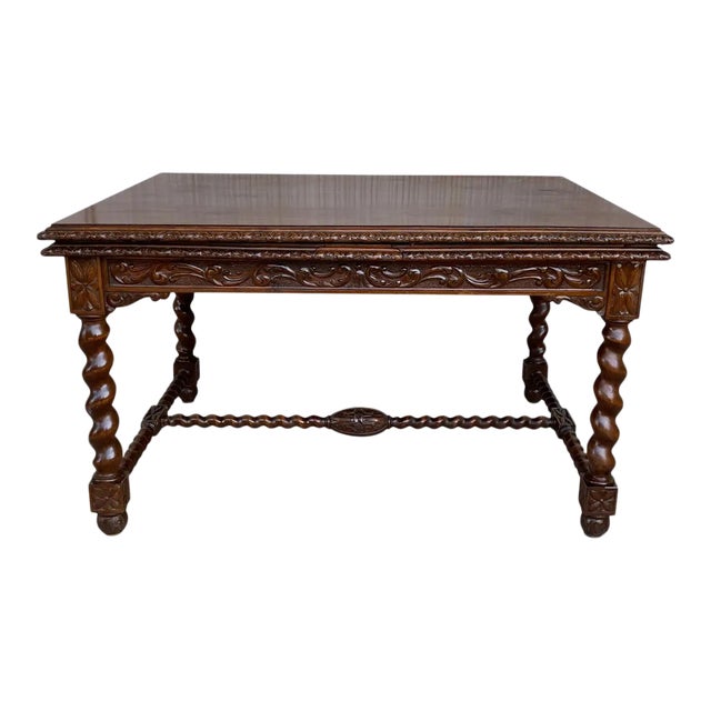 19th Spanish Baroque Walnut Solomonic Legs Extendable Table With Carved Frame For Sale